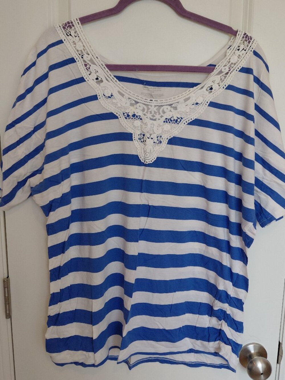 Lane Bryant White & Blue Striped Lace Blouse